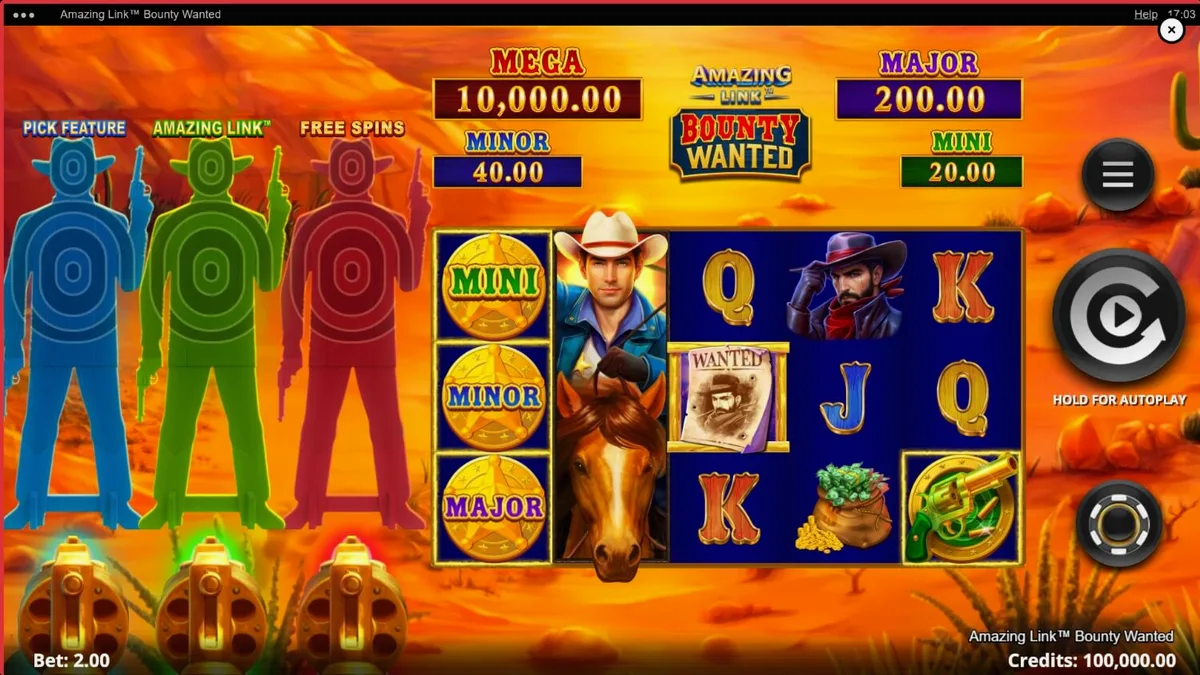Pemandangan gurun yang panas dengan elemen koboi dalam slot Amazing Link Bounty Wanted