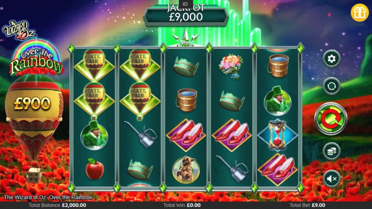 Tampilan visual slot The Wizard of Oz: Over the Rainbow dengan elemen fantasi dan pelangi