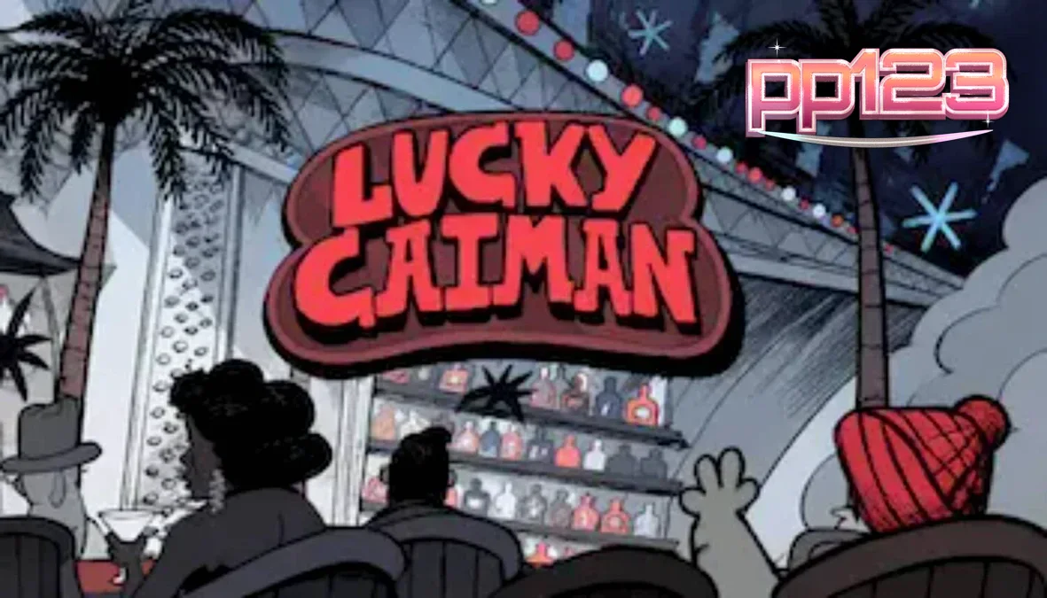 Lucky Caiman slot game interface with cartoon crocodile host and fruit symbols